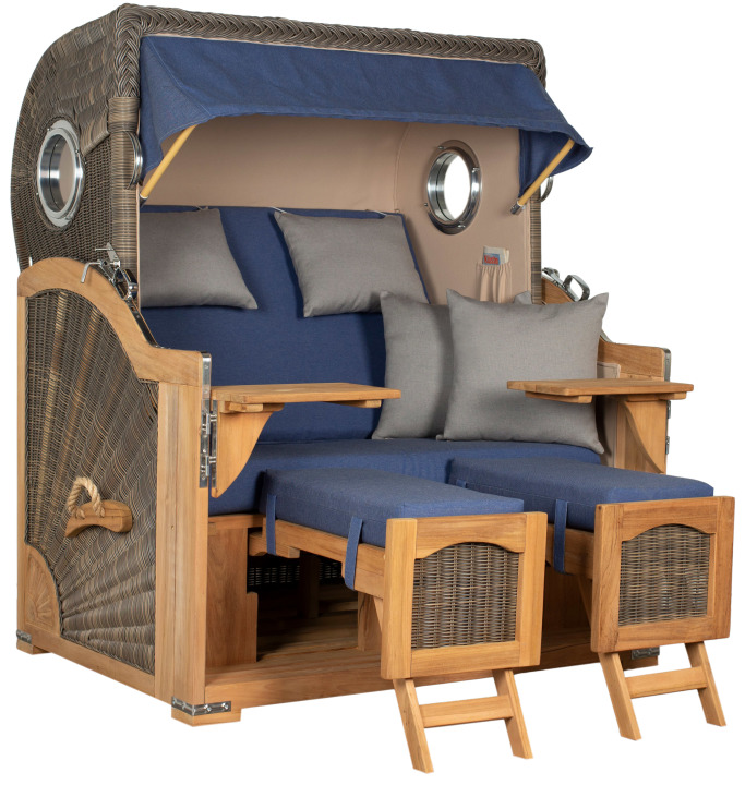 Strandkorb Rantum Grande Bullauge Teak PE Grey Dessin 595 Beige